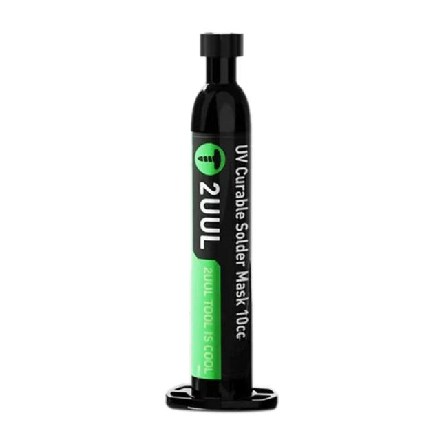 2UUL 10cc UV Curable Solder Mask for Electronics Repairs — black syringe bottle for precise PCB solder joint protection and quick UV curing