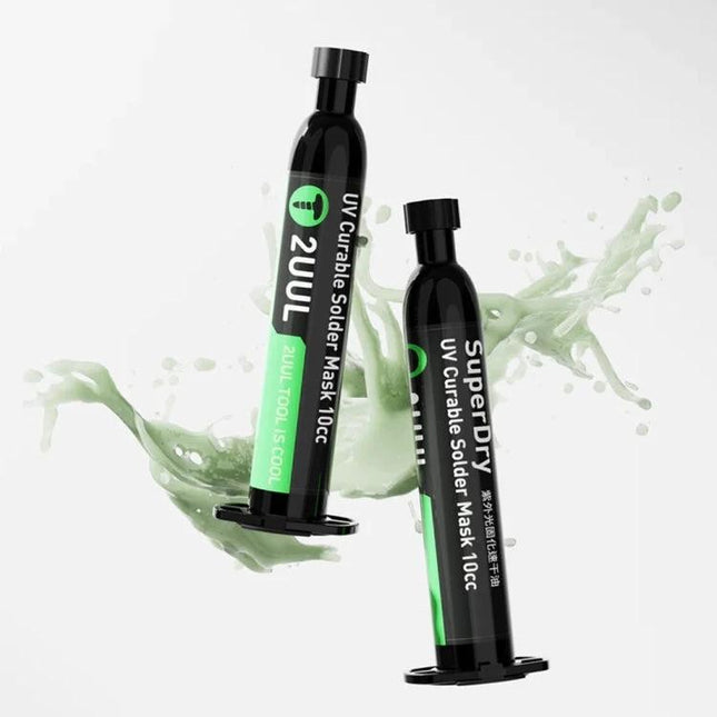 2UUL 10cc UV Curable Solder Mask for Electronics Repairs bottle duo showing green solder mask application for circuit board repair