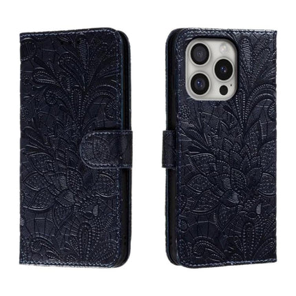 Leather Flip Case for Everyday Phone Protection - navy embossed leather wallet case with magnetic closure and built-in stand, 360-degree corner protection