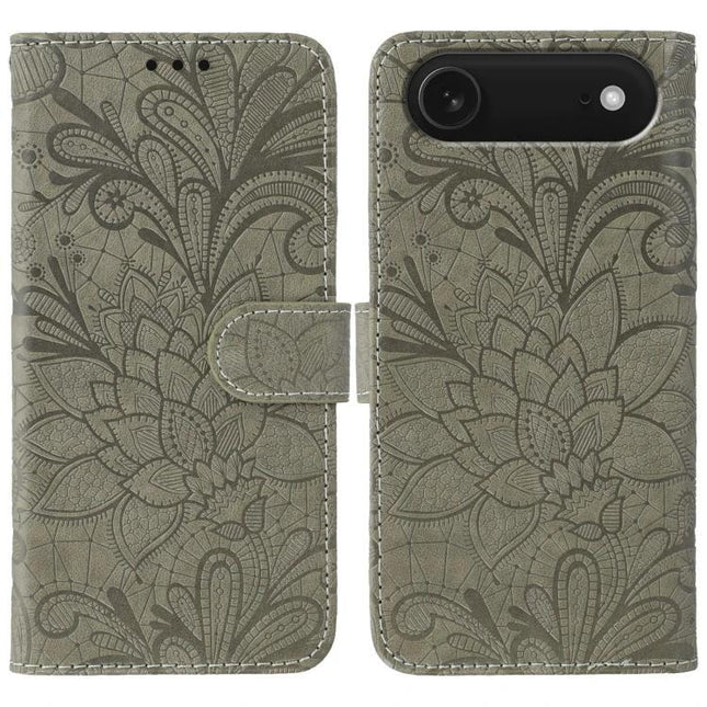 Leather Flip Case for Everyday Phone Protection with floral embossed grey folio cover and built-in stand, slim 360-degree corner protection