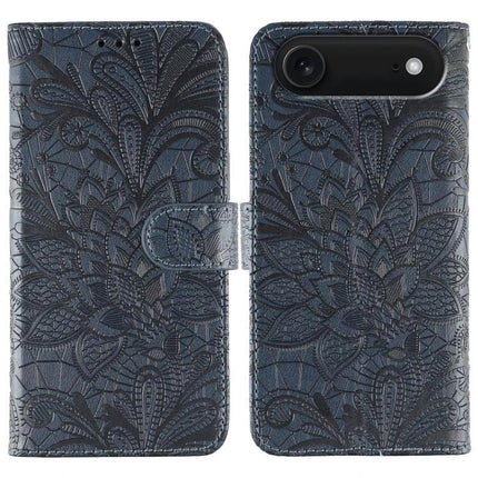 Leather Flip Case for Everyday Phone Protection - navy embossed floral wallet cover with 360-degree protection and built-in stand