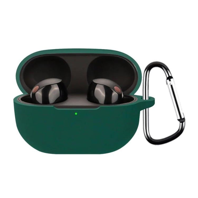 Keep Your Earphones Safe for Daily Activities with Silicone Case showing green silicone earbud case with carabiner protecting earbuds