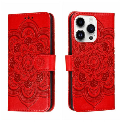 Sun Mandala Leather Phone Case For Everyday Use - red PU leather wallet phone case with embossed sun mandala design and card slots