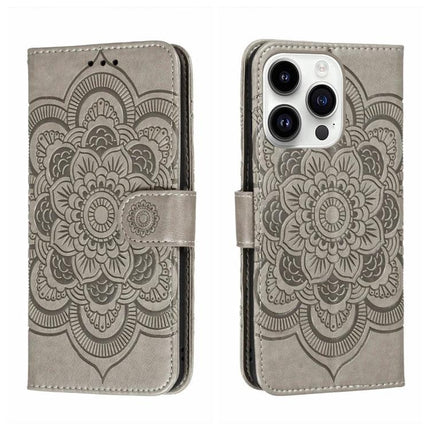 Sun Mandala Leather Phone Case For Everyday Use with gray PU leather, embossed sun mandala and built-in wallet, protective TPU core