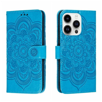 Sun Mandala Leather Phone Case For Everyday Use - teal PU leather wallet case with embossed sun mandala design and card slots