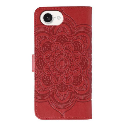 Sun Mandala Leather Phone Case For Everyday Protection – red PU leather wallet case with embossed mandala, TPU core, card slot and kickstand
