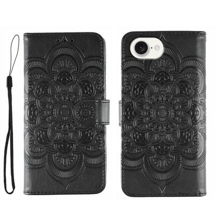Sun Mandala Leather Phone Case For Everyday Protection - black PU leather wallet case with embossed mandala, TPU core, card slot and kickstand