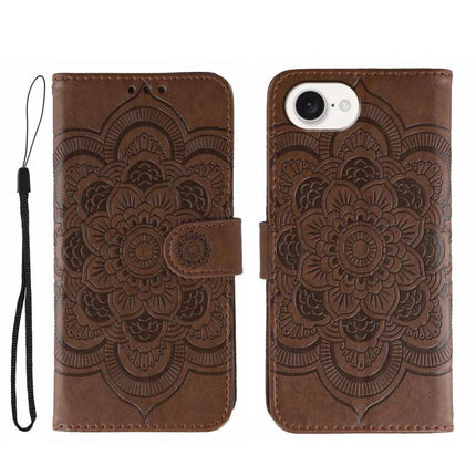 Sun Mandala Leather Phone Case For Everyday Protection - brown PU leather wallet case with embossed mandala, card slot, kickstand and wrist strap