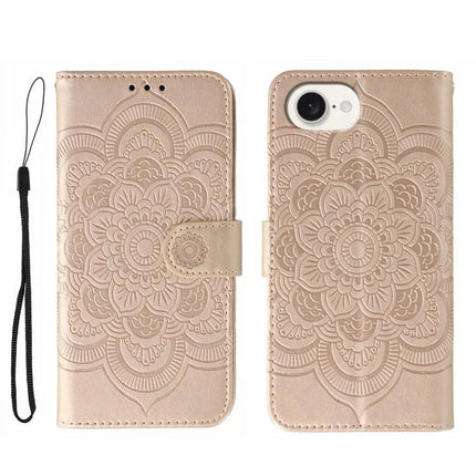 Sun Mandala Leather Phone Case For Everyday Protection - beige PU leather wallet case with embossed mandala, card slots, kickstand and wrist strap