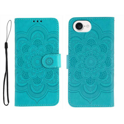 Sun Mandala Leather Phone Case For Everyday Protection - teal PU leather wallet case with embossed mandala, card slots and kickstand