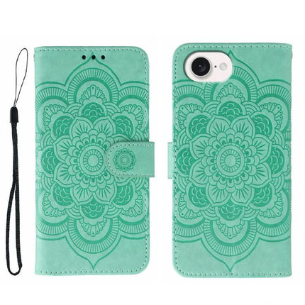 Sun Mandala Leather Phone Case For Everyday Protection in mint green PU leather with mandala design, card slots, kickstand and wrist strap