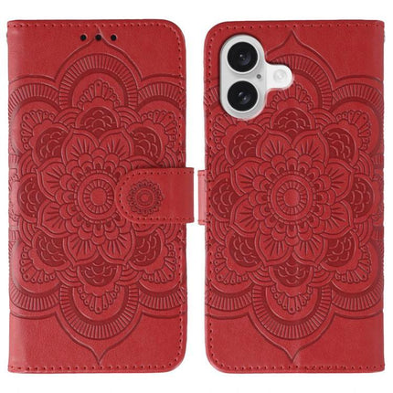 Sun Mandala Leather Phone Case For Everyday Use in red PU leather with embossed sun mandala design and built-in wallet, protective TPU core