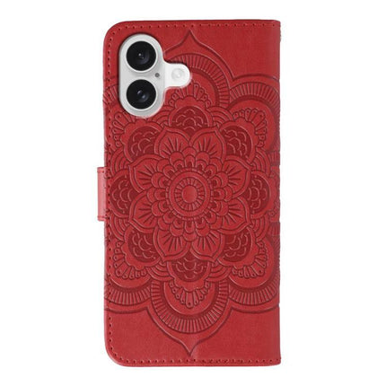 Sun Mandala Leather Phone Case For Everyday Use - red PU leather wallet phone case with embossed sun mandala design and TPU protection