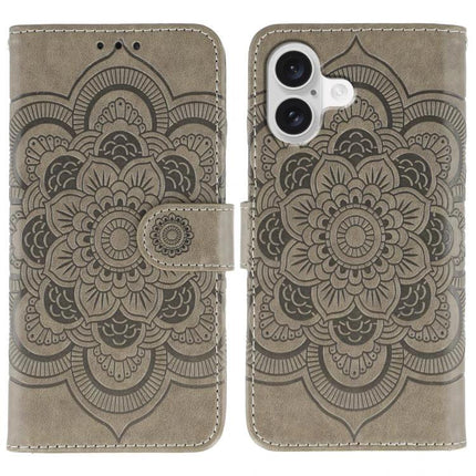 Sun Mandala Leather Phone Case For Everyday Use - taupe PU leather wallet phone case with embossed sun mandala pattern and card slots