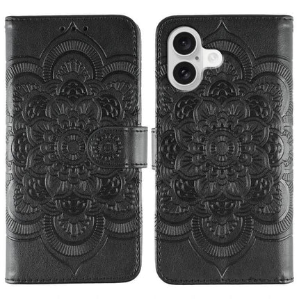 Sun Mandala Leather Phone Case For Everyday Use – black PU leather wallet phone case with embossed sun mandala, TPU core, card slots, protective cover