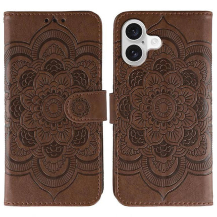 Sun Mandala Leather Phone Case For Everyday Use - brown PU leather wallet phone case with embossed sun mandala design and card slots