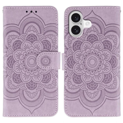 Sun Mandala Leather Phone Case For Everyday Use - lavender PU leather wallet phone case with embossed sun mandala pattern, TPU core, card slots