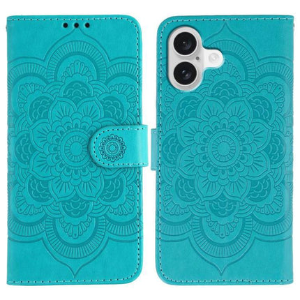 Sun Mandala Leather Phone Case For Everyday Use - teal PU leather wallet phone case with embossed sun mandala, TPU core, card slots and magnetic clasp
