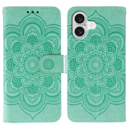 Sun Mandala Leather Phone Case For Everyday Use - teal PU leather wallet phone case with embossed sun mandala pattern and TPU core, card slots