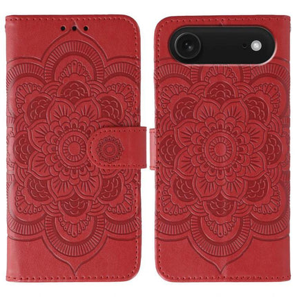 Sun Mandala Leather Phone Case For Everyday Use red PU leather wallet case with embossed sun mandala pattern and camera cutout
