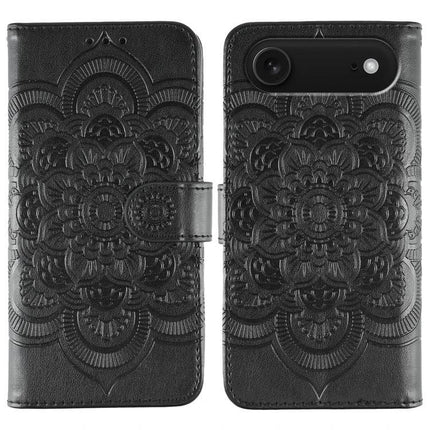 Sun Mandala Leather Phone Case For Everyday Use - black PU leather wallet phone case with embossed sun mandala pattern and card slots