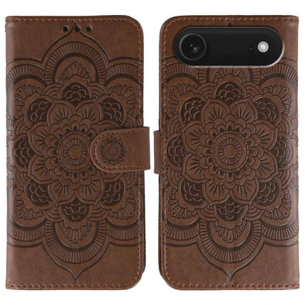 Sun Mandala Leather Phone Case For Everyday Use - brown PU leather wallet phone case with embossed sun mandala design and card slots
