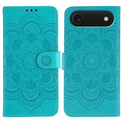 Sun Mandala Leather Phone Case For Everyday Use turquoise PU leather wallet case with embossed sun mandala pattern, TPU core, card slots, magnetic clasp