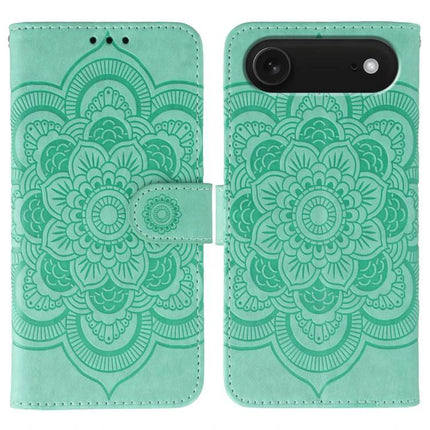 Sun Mandala Leather Phone Case For Everyday Use - teal PU leather wallet case with embossed sun mandala pattern, TPU core, card slots, protective folio