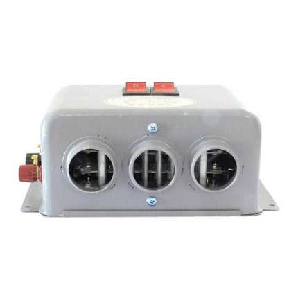 Car 3-Hole Electric Demister Heater For Windshield Frost 12V/24V - front view showing three nozzle vents and dual switches