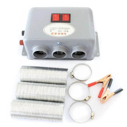 Car 3-Hole Electric Demister Heater For Windshield Frost 12V/24V - 3-hole nozzle unit with ducts, clamps and battery clips for fast defrosting