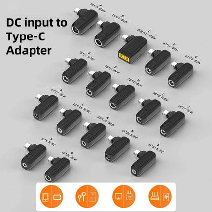100W USB-C to 3.5mm Female Charging Adapter for Devices shown with multiple DC input sizes for car and portable battery charging