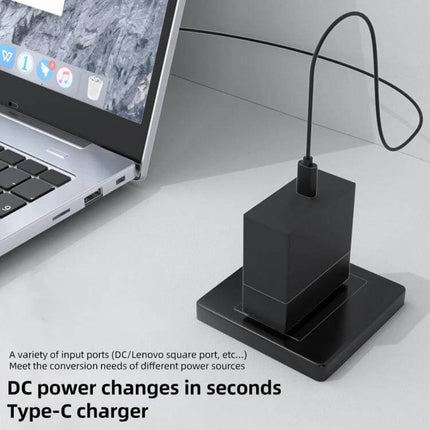 100W USB-C to 3.5mm Female Charging Adapter for Devices connected to laptop showing DC to Type-C conversion for car and portable battery charging