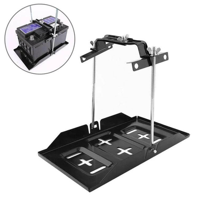Car Universal Battery Bracket With Adjustable Base Tray showing adjustable metal tray and hold-down clamp for secure automotive battery mounting