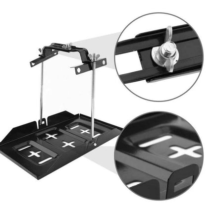 Car Universal Battery Bracket With Adjustable Base Tray showing adjustable width tray, mounting bars and wing nut fasteners for secure battery installation