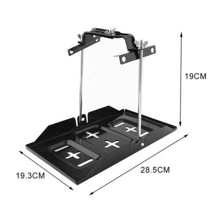Car Universal Battery Bracket With Adjustable Base Tray black steel adjustable-width mounting tray with hold-down clamp and dimensions