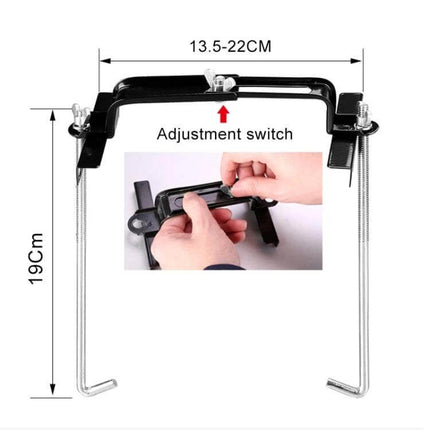 Car Universal Battery Bracket With Adjustable Base Tray showing adjustable width 13.5-22cm and 19cm height, hands using adjustment switch for secure mounting