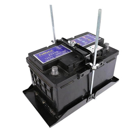 Car Universal Battery Bracket With Adjustable Base Tray holding a standard automotive battery, adjustable width and secure mounting for DIY installation
