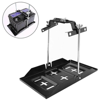 Car Universal Battery Bracket With Adjustable Base Tray showing adjustable metal tray and hold-down rods for secure automotive battery mounting