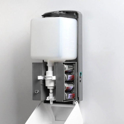 Automatic Soap Dispenser for Daily Home Hand Hygiene with open refill compartment showing liquid reservoir and battery pack