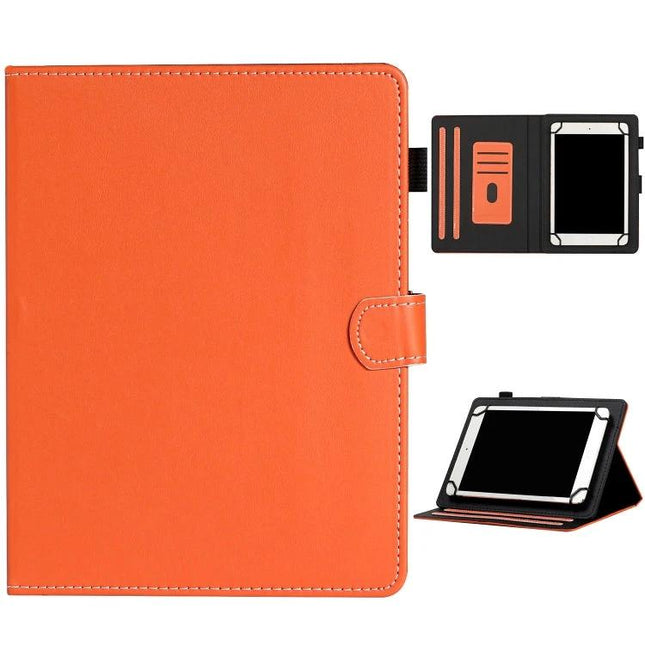 Universal Leather Tablet Case with Card Slots for 7-10 Inch Devices in orange showing card slots and adjustable stand