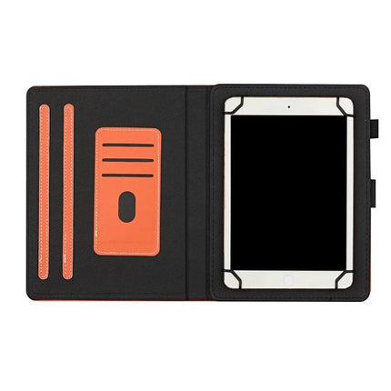 Universal Leather Tablet Case with Card Slots for 7-10 Inch Devices open with card slots and adjustable stand in black and orange leather