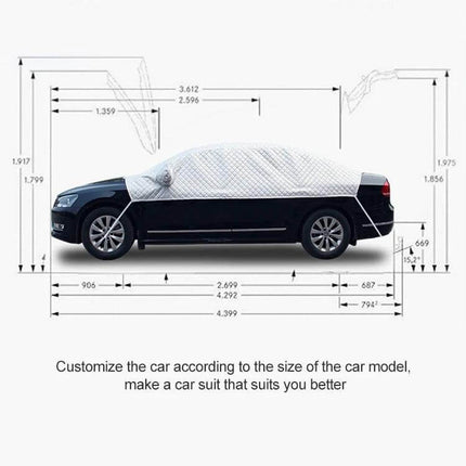 Aluminum Foil Car Sun Cover for UV and Heat Protection on black sedan with dimensions and straps showing custom fit