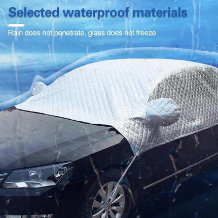 Aluminum Foil Car Sun Cover for UV and Heat Protection shown on a car windshield with waterproof quilted material blocking sun and rain