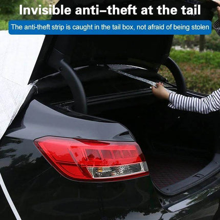 Aluminum Foil Car Sun Cover for UV and Heat Protection showing anti-theft strip secured in car trunk with cover extending over rear