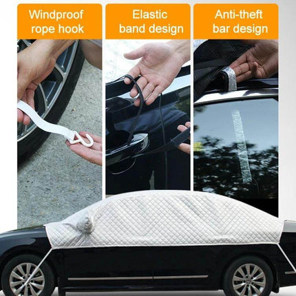 Aluminum Foil Car Sun Cover for UV and Heat Protection with windproof rope hook, elastic band and anti-theft bar design