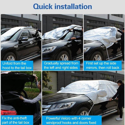 Aluminum Foil Car Sun Cover for UV and Heat Protection shown being quickly installed on a parked SUV to block sunlight and reduce interior heat