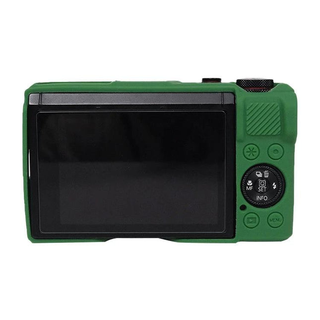 Soft Silicone Protective Case with Lens Cover for Cameras on Canon PowerShot G7 X Mark III, green silicone rear view showing screen and controls
