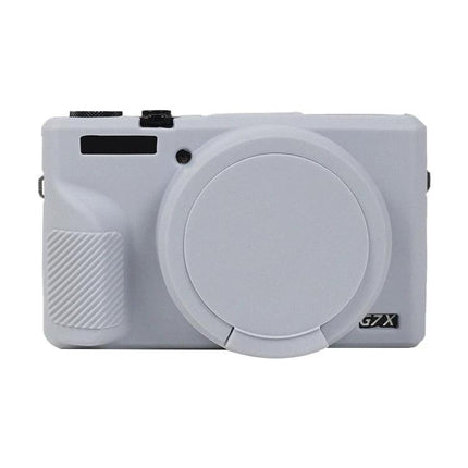 Soft Silicone Protective Case with Lens Cover for Cameras fitted on white Canon PowerShot G7 X Mark III showing front with lens cover