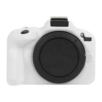 Soft Silicone Protective Case for Canon EOS R50 Camera in white, stretchable soft silicone cover protecting camera body without adding bulk