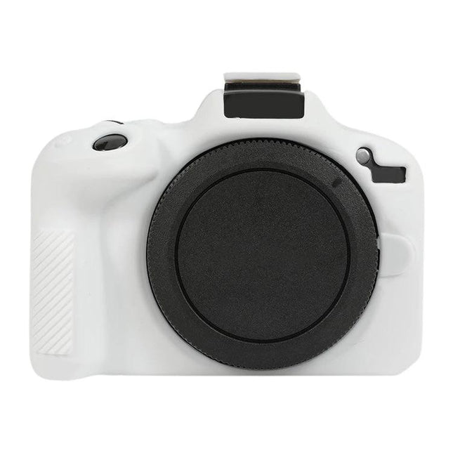 Soft Silicone Protective Case for Canon EOS R50 Camera in white, stretchable soft silicone cover protecting camera body without adding bulk